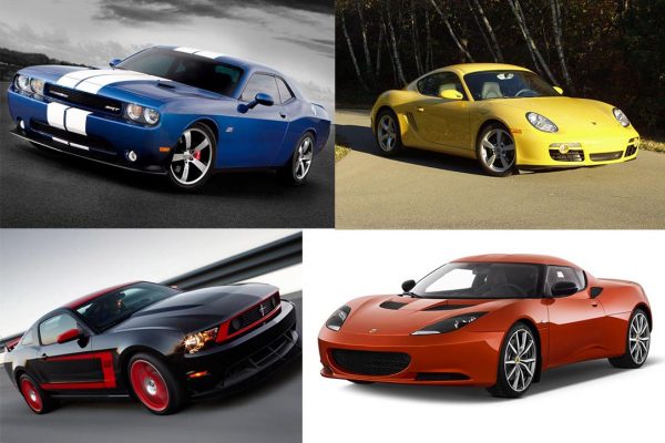 Gang of Four: Lotus Evora S meets Porsche Cayman R meets Mustang Boss 302 meets Dodge Challenger SRT8 392